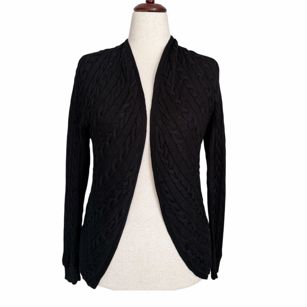 Lauren Ralph Lauren Cable Knit Open Cardigan L/XL Fits S–M Black Cotton Blend